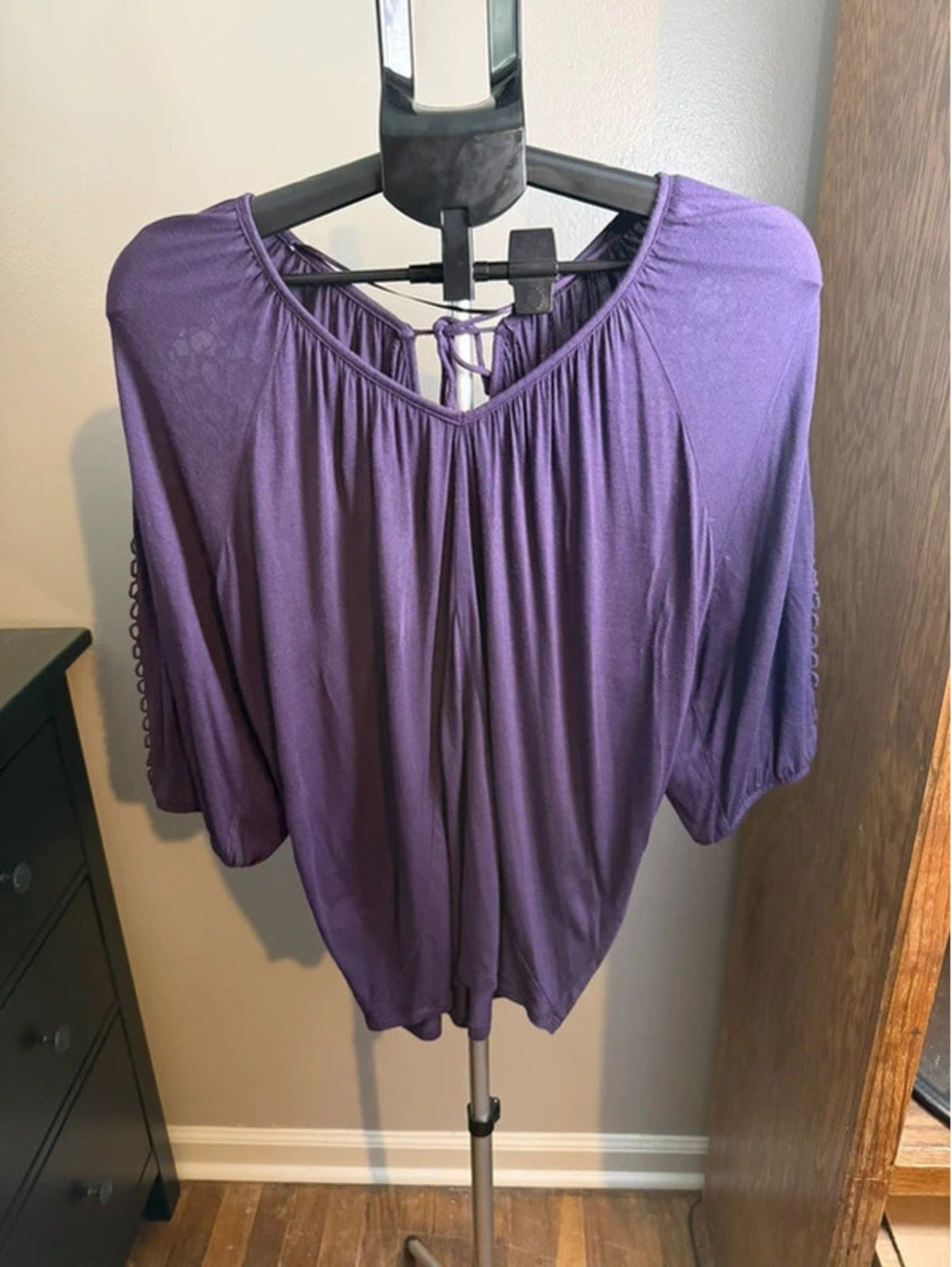 INC International Concepts Medium Purple Crochet Rhinestone Sleeve Blouse